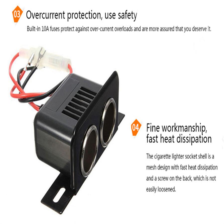 Black 12V Car Metal Cigarette Lighter 2 Socket With Fuse For Motorcycle Modified