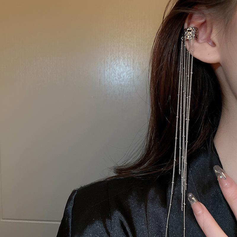 Silver Needle Star & Moon Tassel Ear Clips: Shiny Zircon, Sweet & Cool Style, Non-Pierced