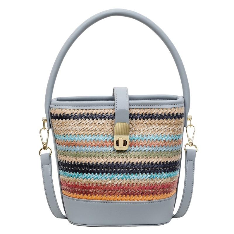 

Contrasting color portable woven bag women s 2025 new Korean version fashion bucket bag simple shoulder bag casual messenger bag синий