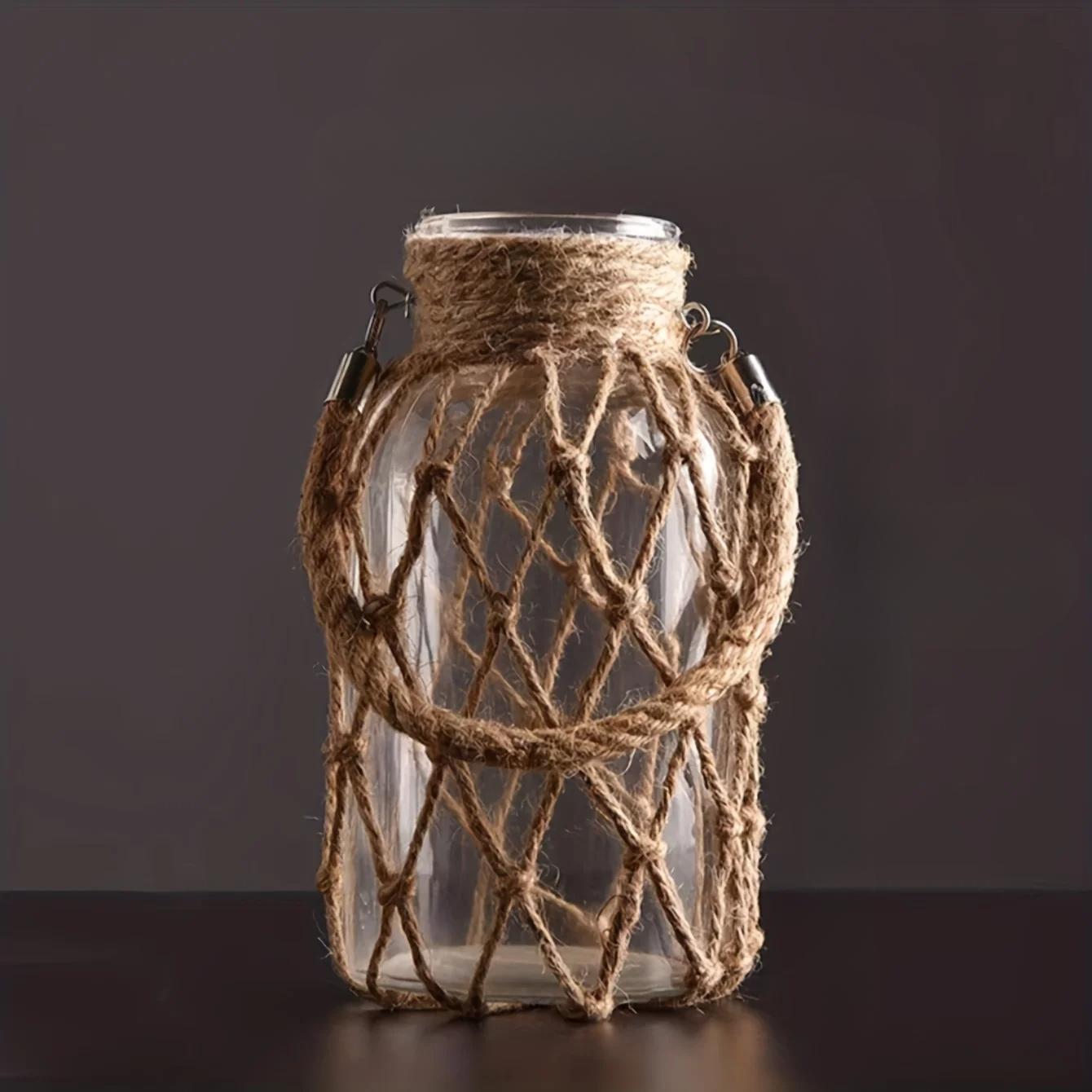 1 шт. Подвесная винтажная ваза из пеньковой веревки - Ручная плетеная стеклянная ваза, Настольная гидропонная декоративная ваза