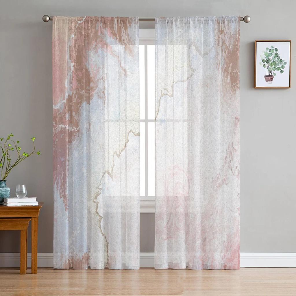 Oil Painting Abstract Texture Pink Bedroom Transparent Sheer Curtains Holiday Decoration Window Voile Tulle Curtain