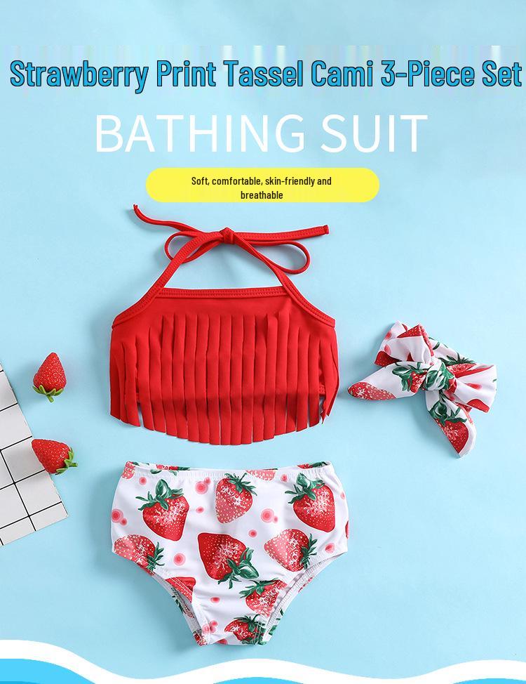 Maiô Vermelho de 3 Peças com Estampa de Morango e Franja para Meninas