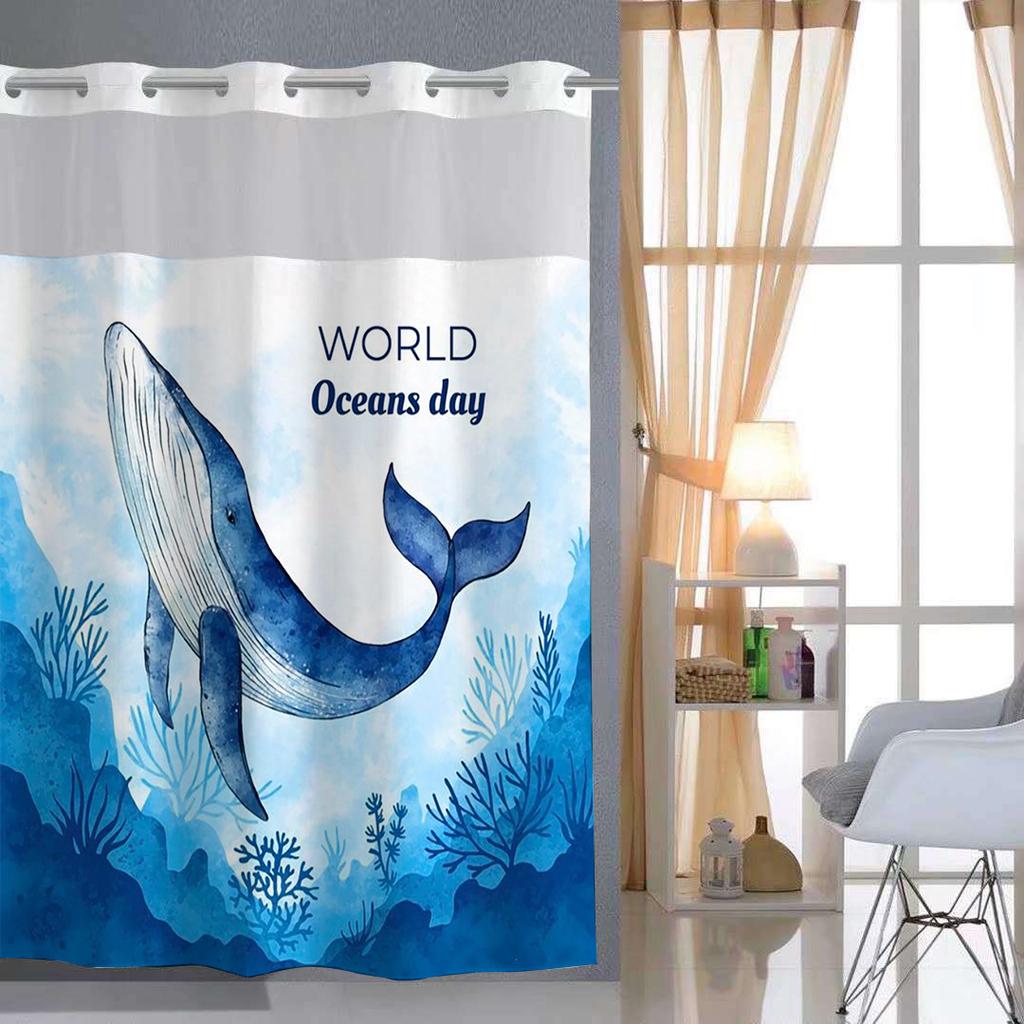 No Hook Whale Pattern Shower Curtain With Snap-in Fabric Liner, Sheer Top Window, Waterproof Double Layer Bathtub Curtain
