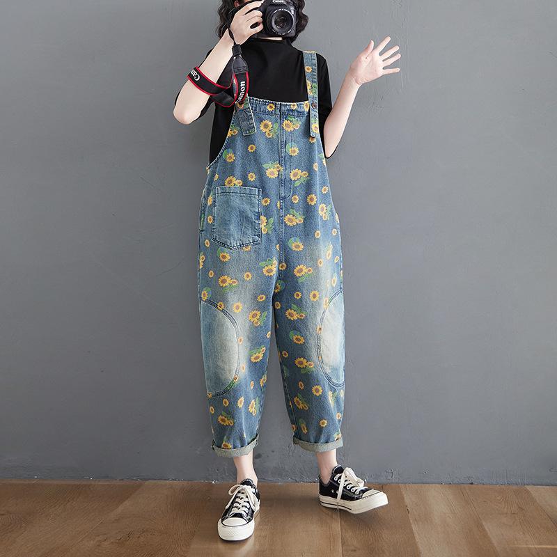 Casual Loose Plus Size Jeans Jumpsuits Damen Frühling Print Floral Denim Pants