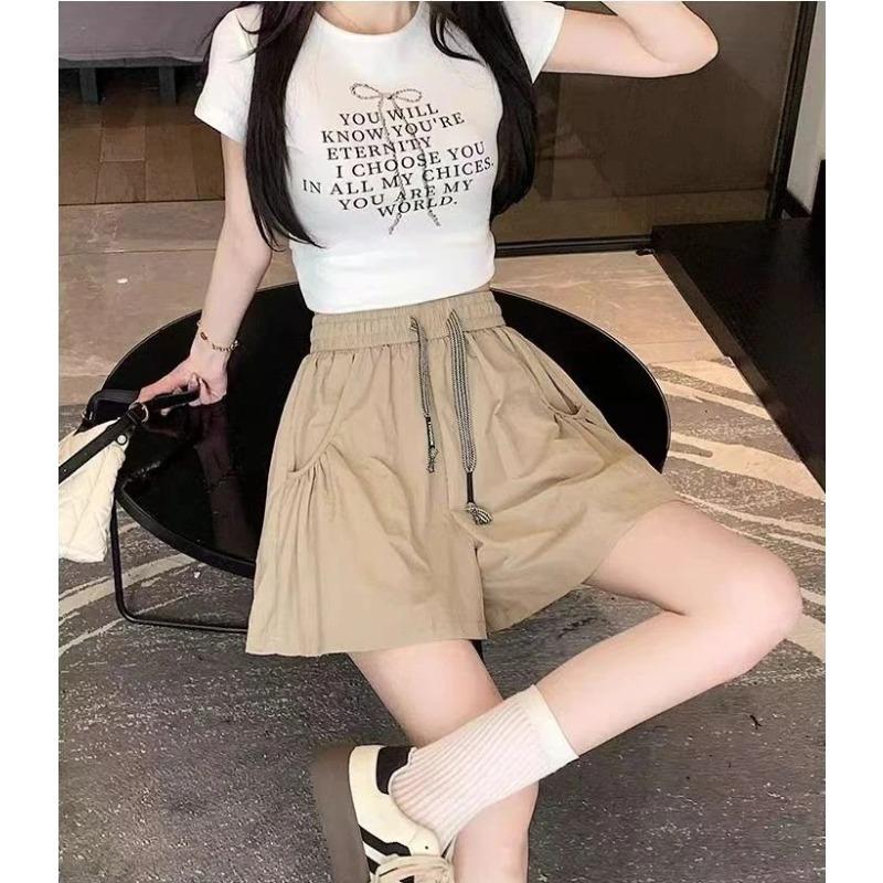 Women's Summer Thin Skirt Yoga Pants Ice Silk Wide Leg Shorts Solid Color Pocket Lace Up Short Pants