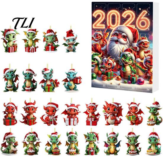 Adornos Colgantes Navideños Calendarios de Adviento de Dragón 2026, Calendario de Cuenta Regresiva de Navidad de 24 Días con Colección de Adornos, Adornos Acrílicos 2D,