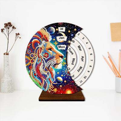 Wooden Special Shaped Colorful Pattern Diamond Art Desktop Perpetual Calendar Diamond Painting Dial Moon Calendar for Beginners