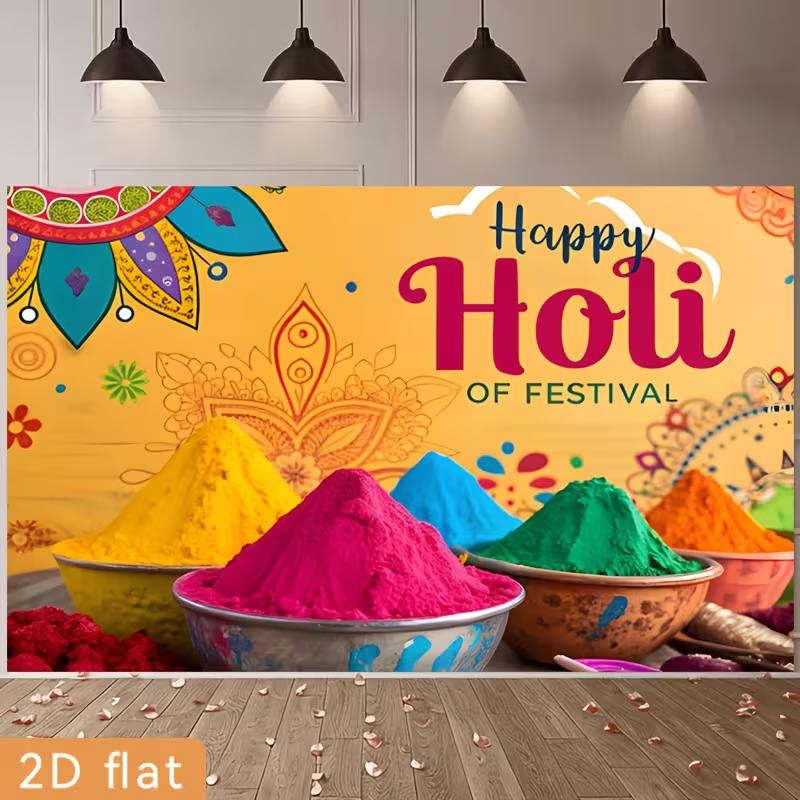 

2D Holi Photography Backdrop Happy Holi with Vibrant Powder Colors Background 47.2x31.5inch/120*80cm