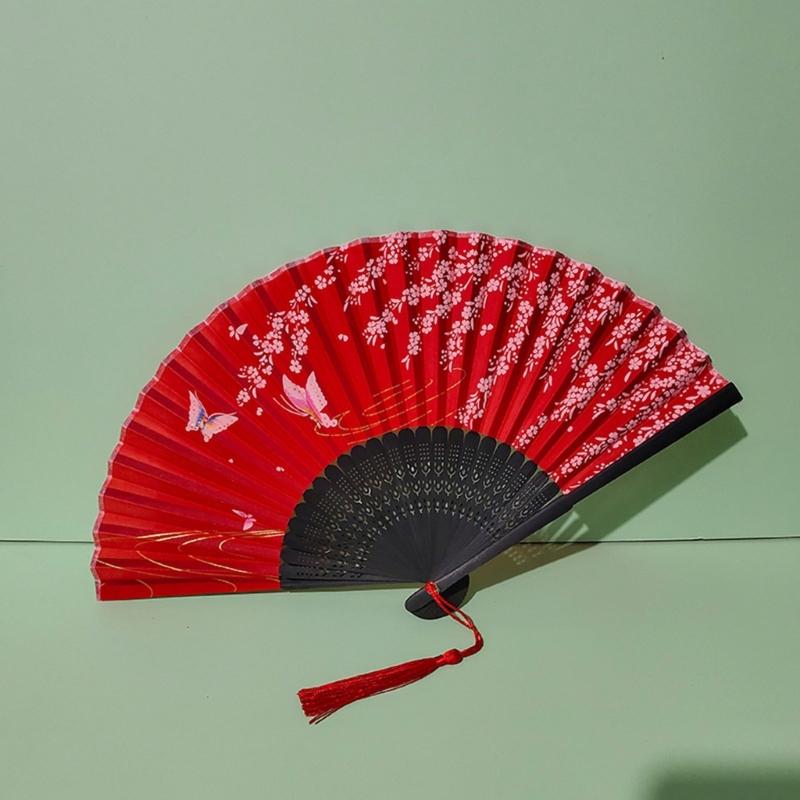 Éventail traditionnel chinois vintage avec pompons Éventail pliant portable Éventail de danse pour femmes Mariages Bals de fin d'études Photographie