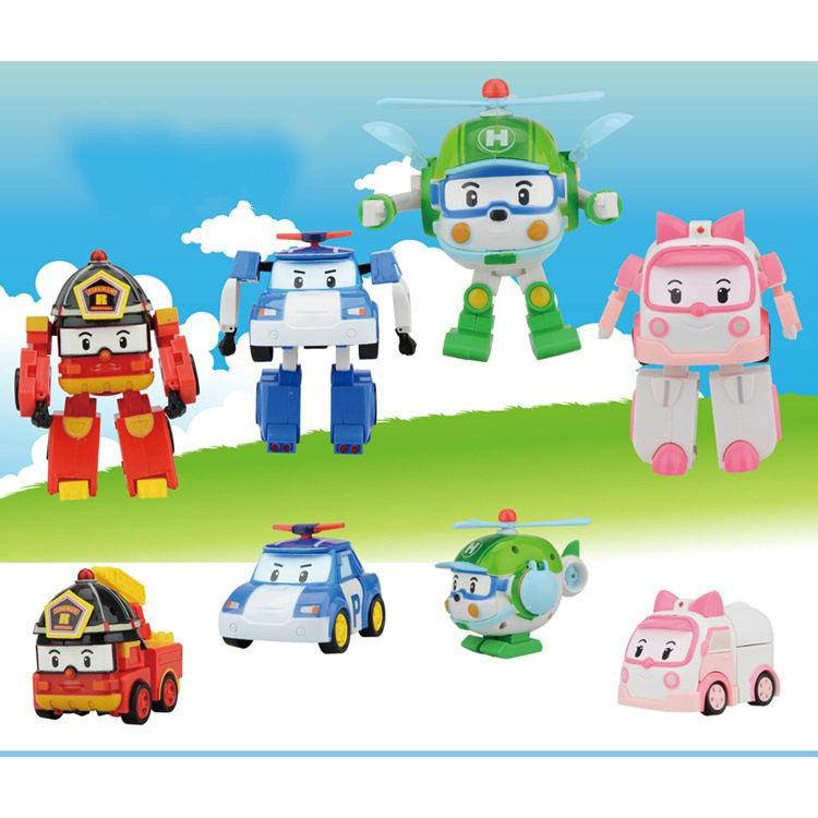Komplettes Set aus 4 Stück Robocar Poli Ambe Roy Helly Transformer Spielzeug für Kinder Osterdekoration
