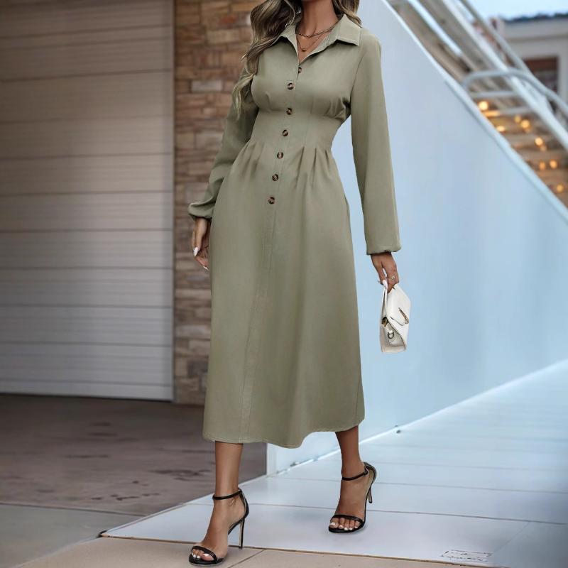New Autumn Lapel Waisted A-line Skirt Commuter Long-sleeved Button-up Shirt Dress