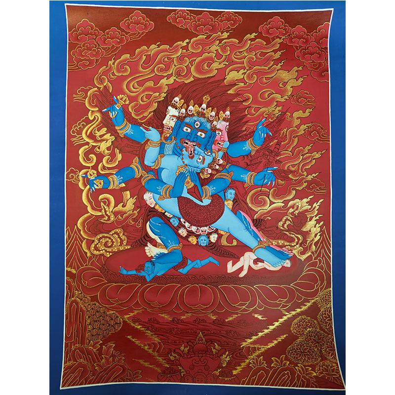 Hand-Painted Nepal Buddha Statue Thangka – Black Jambhala & Vajrakilaya Wall Art for Living Room or Entrance. Approx. 70x50cm