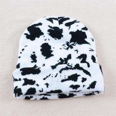 Mütze, weiche Wintermütze, gestrickt, Milchkuh-Druck, Jacquard-Wollmütze, verdickte warme Skullies-Mütze, Unisex, lässige Motorhaube, gestrickte Mütze