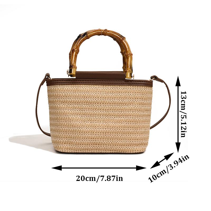 Weaving Bag Summer New Bamboo Handle Tote Straw Bag Niche Simple Shoulder Crossbody Bucket Bag Women's Bag AVE