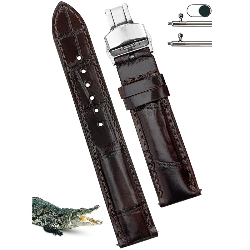 

[vinacreations] 18mm dark brown crocodile watch strap D buckle men s Crocodile Replacement Watch Band Quick Release Spring Bar wrist silver With D