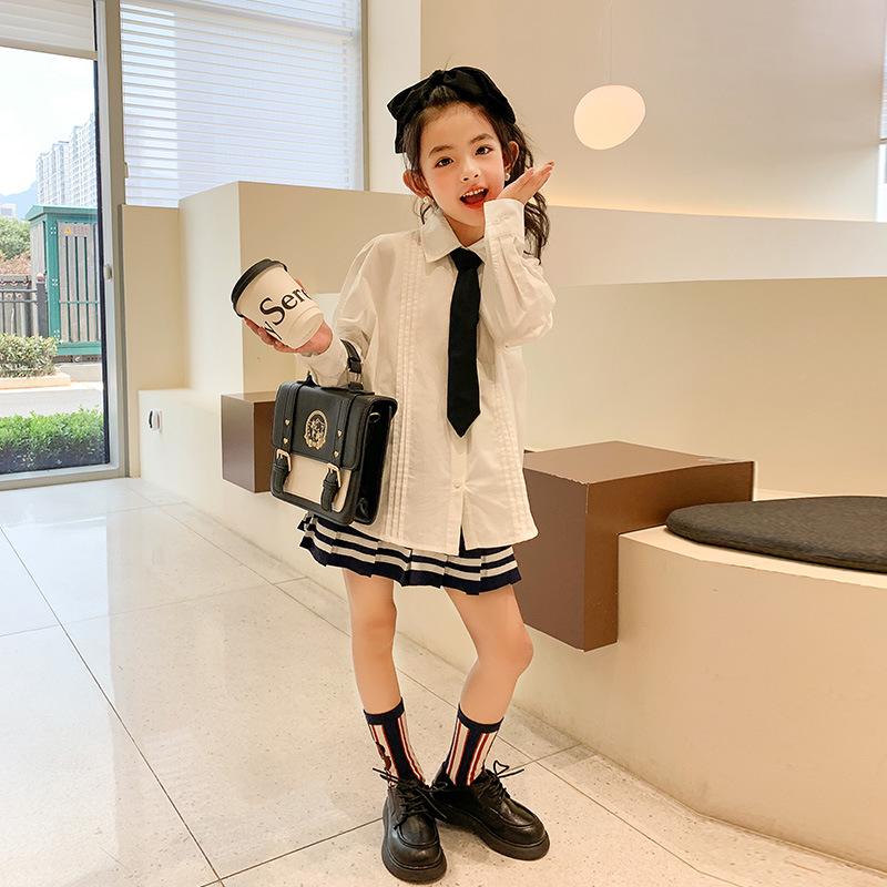 Spring Girls' Academy Long Sleeve Lapel Shirt - Korean Style for Medium and Large Girls