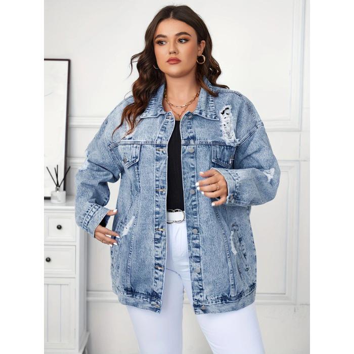 

Women s Retro Distressed Denim Jacket - Spring/Autumn Street Style Loose Fit XXL світло-синій колір