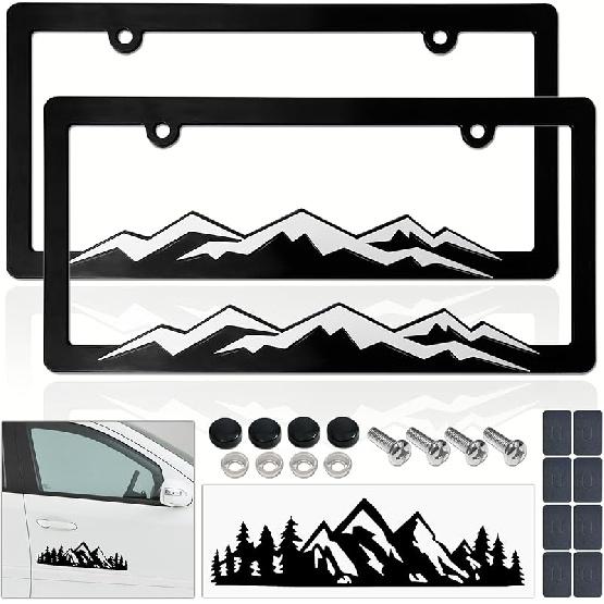 BGGTMO Mountain License Plate Frames- White On Black Mountain Raised, Plastic Black Car Tag Holder Bracket With Screws Caps, 2 Packs 2 Hole With