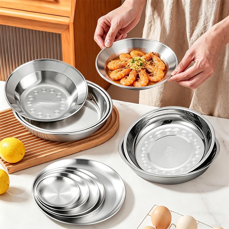 Food-Grade Stainless Steel Multi-Purpose Plate: Ideal for Soup, Dinner, Fruit, Steaming, and Household Use.