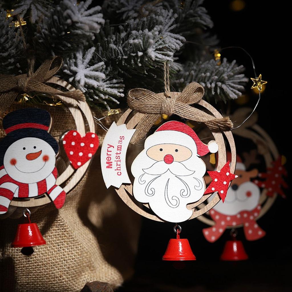 New Year Wooden Hanging Cute Burlap Christmas Tree Ornaments Party Decorations Pendants with Bells
