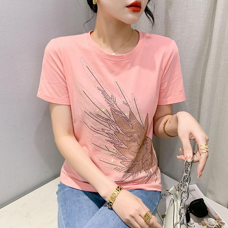 Sommer Design Flügel Diamant Kurzarm T-Shirt für Damen Baumwolle Locker Slim T-Shirt Modisches Vielseitiges Top Trendy