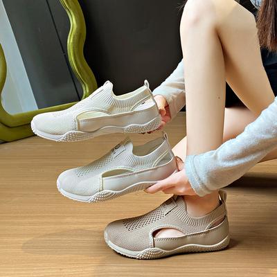 Women's Flat Shoes with Mesh Fabric Elastic Band Anti Slip Sole Women's Sports Breathable Comfortable Hollowed Out Soft Sole