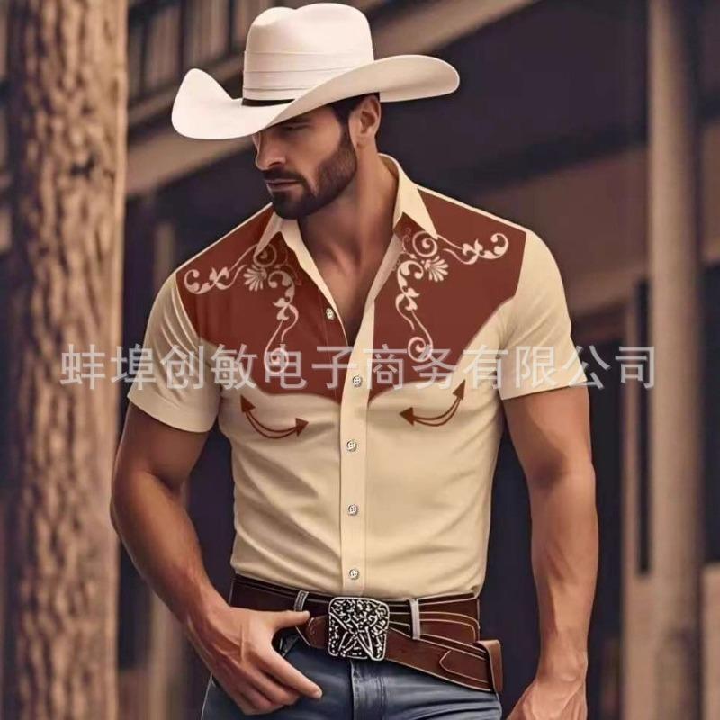 Men's Red Western Style Embroidery Short Sleeve Summer Shirt