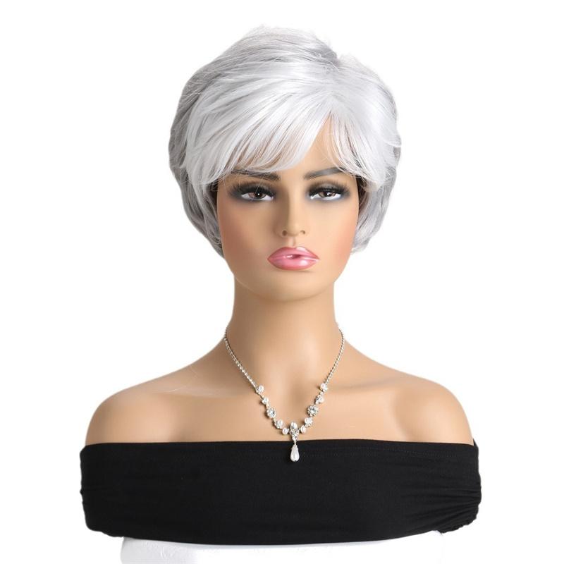 Synthetic Mixed Old Woman Wig Ombre Short Wave Hair Natural Layered Grandmother Wigs with Bangs Cosplay Costume