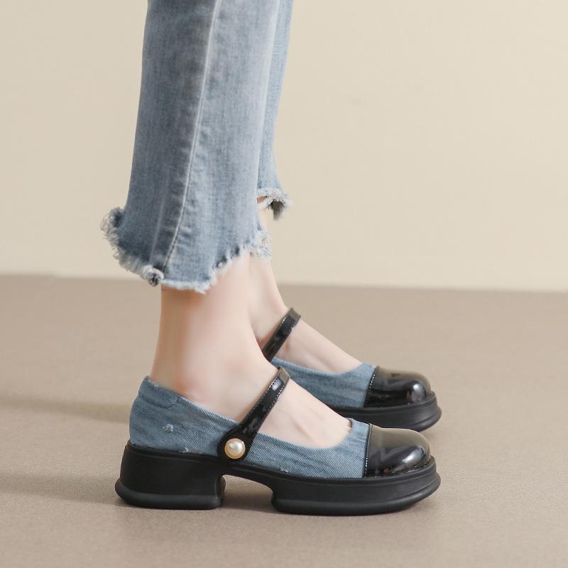 

Weiwei Girl 158-3 Мэри Джейн на толстой подошве Ретро Джинсово-синий Большой размер Женская обувь 37 белый/кремовый