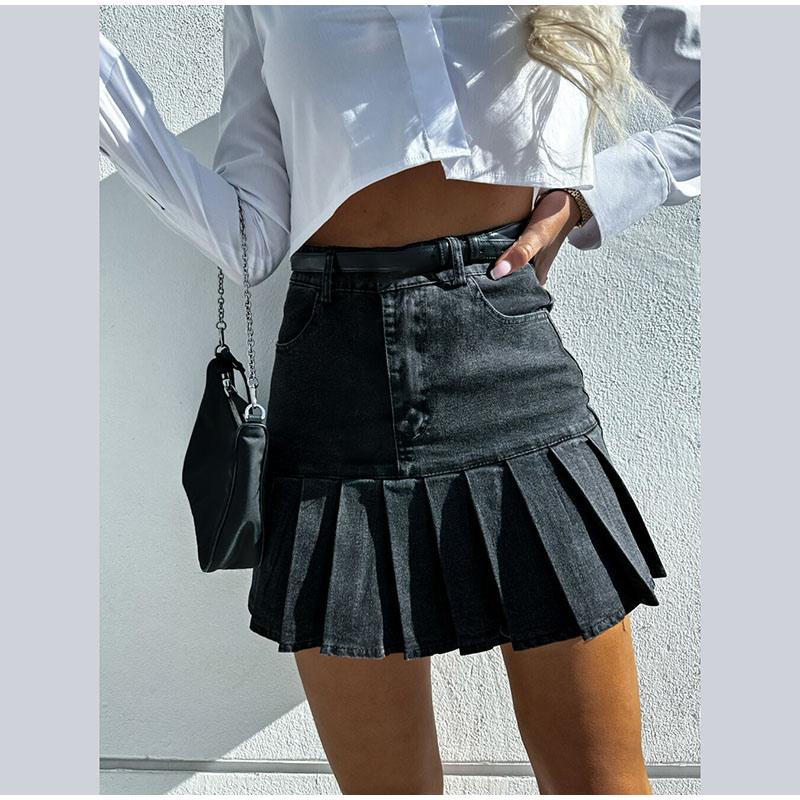 

2025 Женские юбки с высокой талией, дизайнерские плиссированные джинсовые юбки для девочек, элегантные юбки А-силуэта, сексуальные юбки для женщин, модные готические светло-синие, темно-синие, черные юбки M чёрный