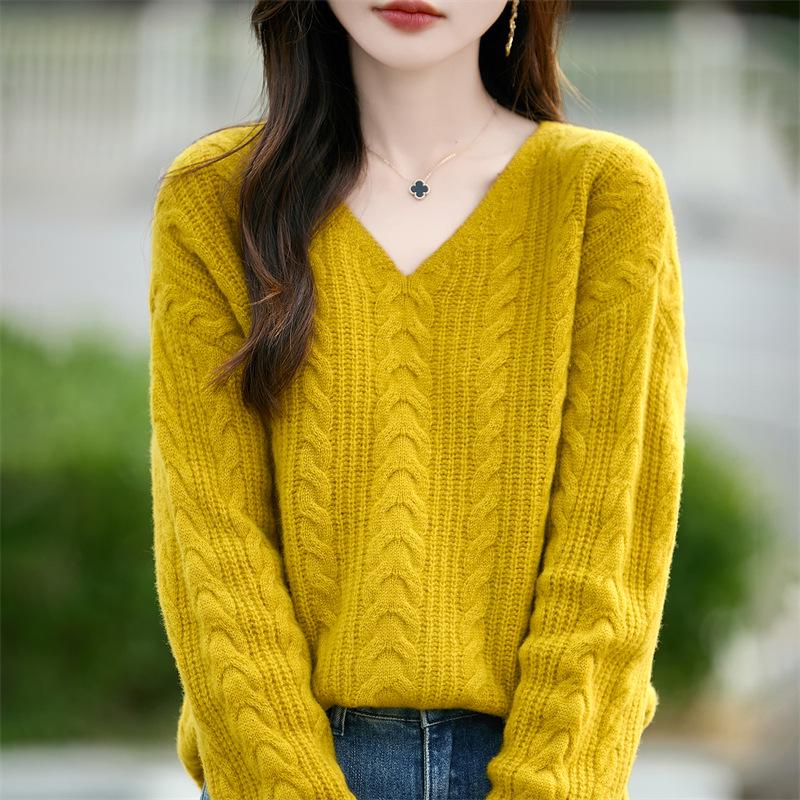 Women's Loose V-Neck Cable Knit Wool Sweater - 100% Pure Cozy Knitwear for Autumn/Winter