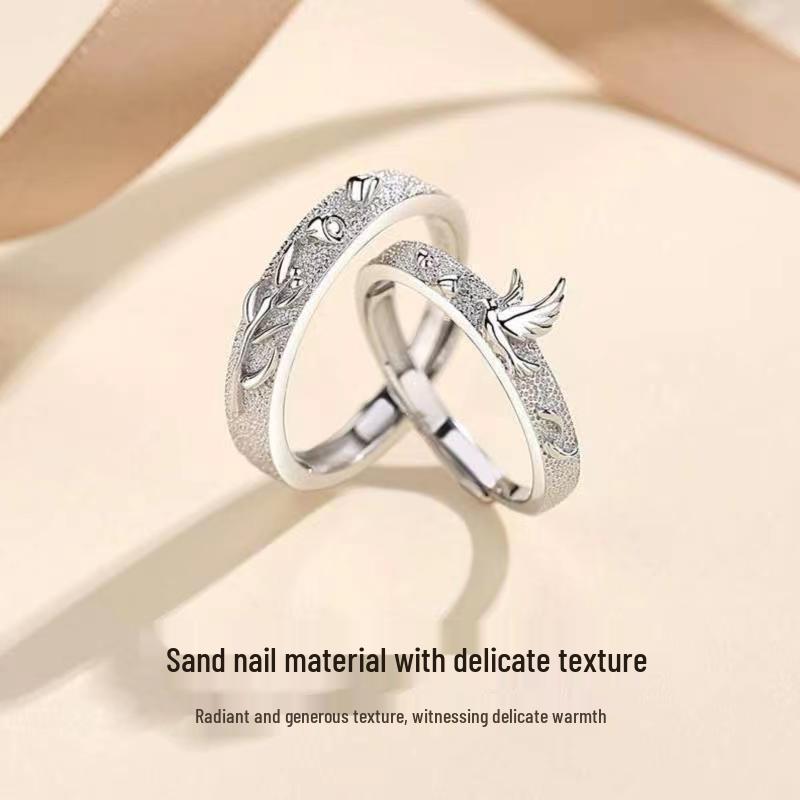 New Blue Eucalyptus & Bird Couple Rings for Women & Men: Niche Design, Light Luxury Wedding Bands, Perfect Christmas Gift