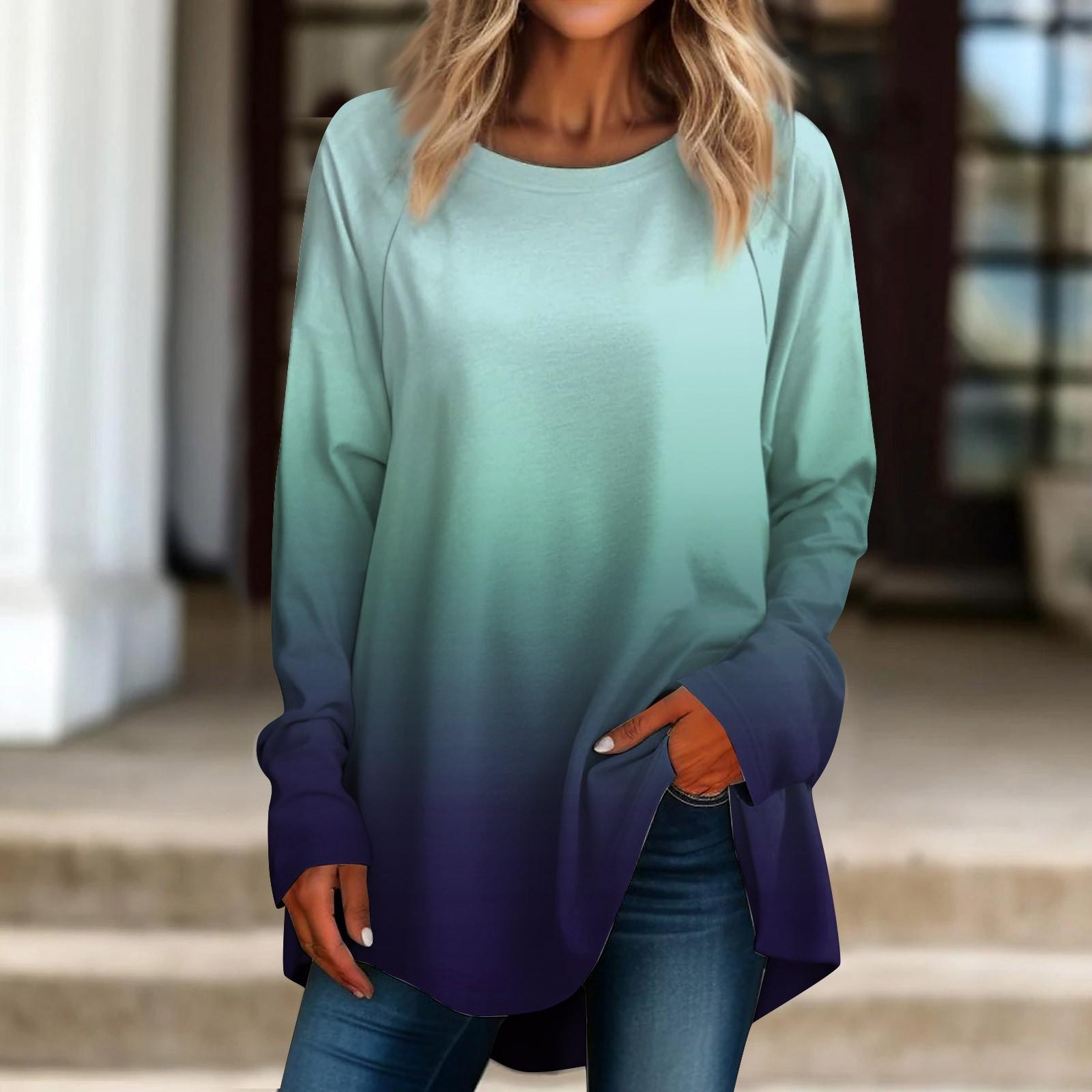 Women s Gradient Long Sleeve Round Neck Casual Loose Pullover Sweatshirt with Pockets - Red Ombre XXL
