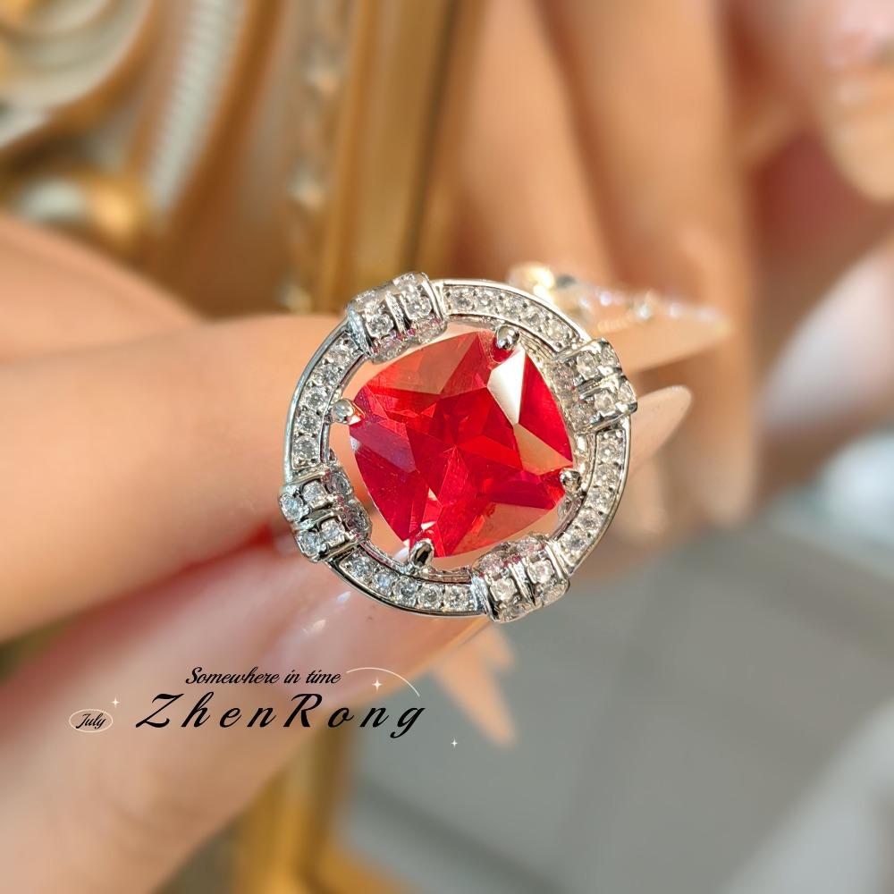 Women Jewelry Set Simple Red Corundum Ring Light Luxury Unique Design High Carbon Diamond Engagement Ring
