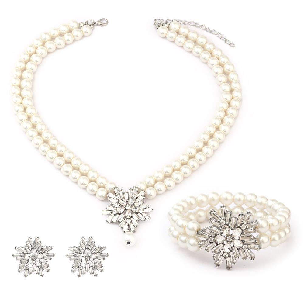 Perlekrystall halskjede, øredobber, armbånd, sett i tre deler, tilbehør til bryllupsbankettkjole, smykkesett.