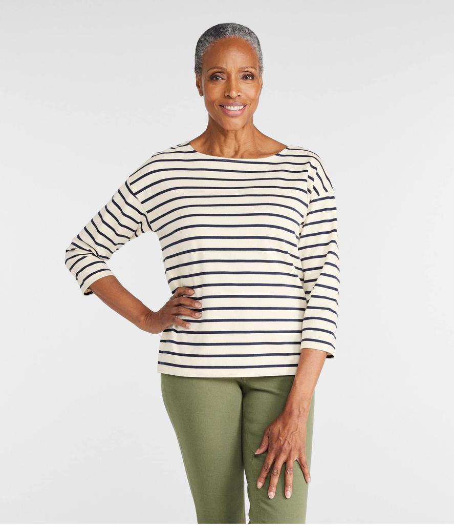 LL Bean Heritage Mariner Boat US Classic 1000178058 Women's Top, Neck, 3/4 Sleeves, Striped, Fit, Petite, XS, Navy/Sailcloth Blue,