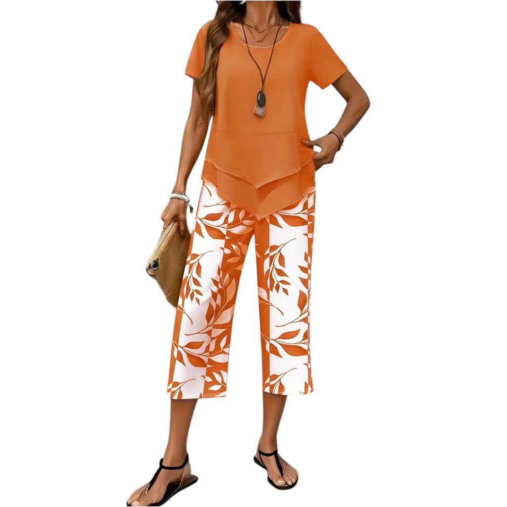 2-teilige Sets für Damen Sommer Übergröße Quadratischer Ausschnitt Oberteile Blumendruck Weite Hosen Caprihosen Boho Strand Reise Outfits