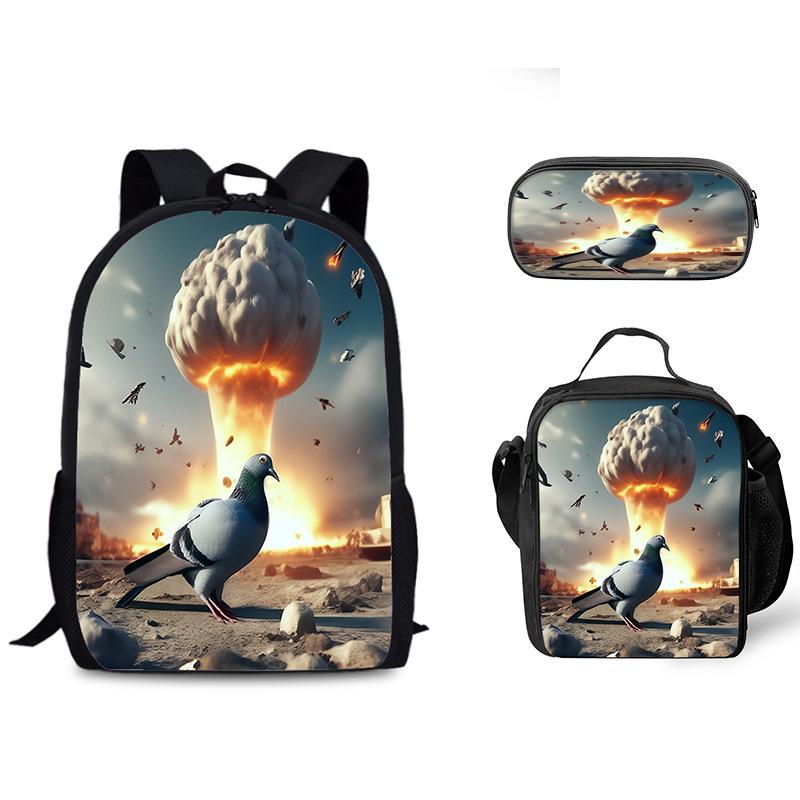 Luxus Beliebt Lustig Neuheit Taube auf Toilette 3D Druck 3Stück/Set Schüler Schultaschen Laptop Tagesrucksack Rucksack Lunchtasche Federmäppchen