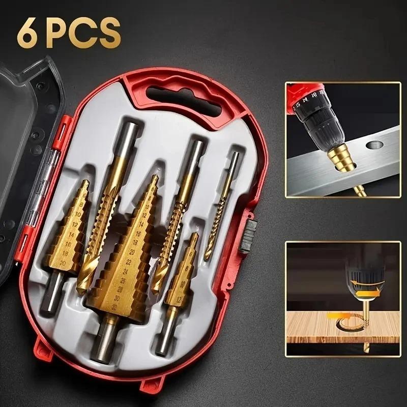 6Pcs Step Drill Bit Saw Drill Bit Set Titanium Milling CutterFor Woodworking Metal Core Hole Opener Titanium Plated Pagoda Drill Bit