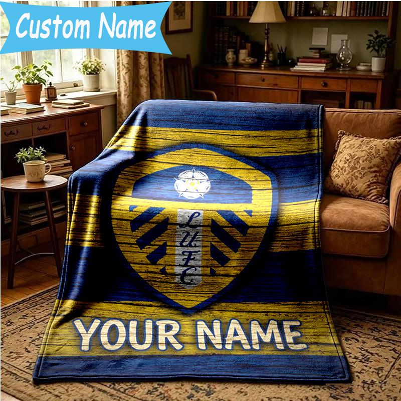 Custom Name Leeds United Crest Design Blanket Bedding Blanket for Women Men, Soft Throw Blankets for Couch,Bed, Picnic, Christmas Gifts