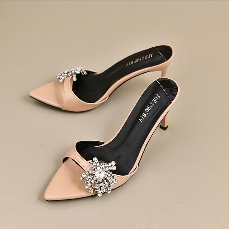 One-word open-toed pointed black new open-toed slippers rhinestone high heels slippers women's patent leather 2025 stiletto