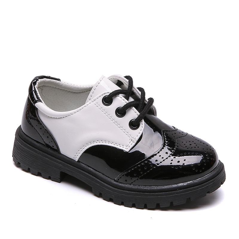 Spring and Autumn New Casual Lace-up Black Boy Leather Shoes Hollowed Out Feet Breathable British Korean Version of Small Children's Shoes