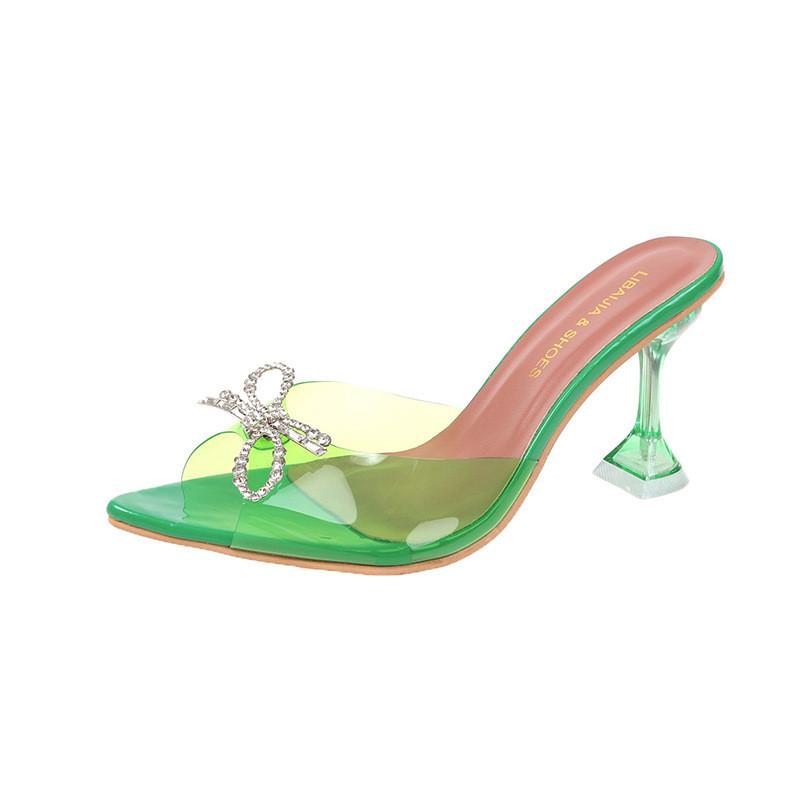 European Style Crystal Bow Tie Strap High Heels For Women With Pvc Upper And Rubber Sole