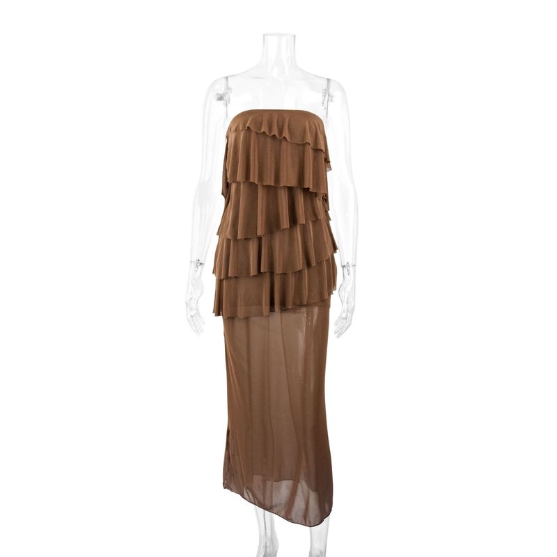

Outfitgirl3 Niche Style Brown Skin Color Tube Top Soft Sheer Mesh Long Dress Layered Flounced Skirt Light Curry XS