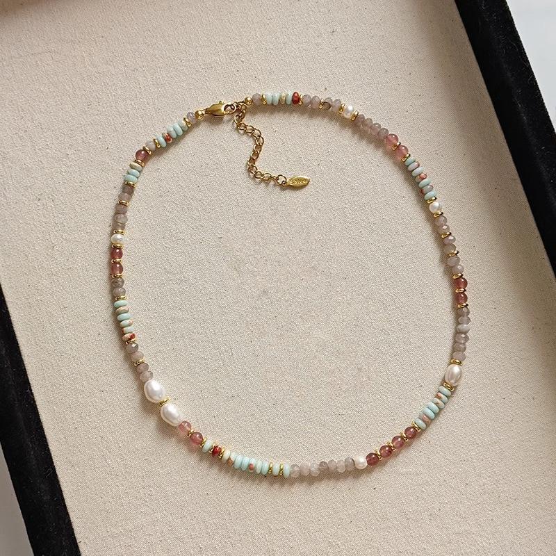 Freshwater Pearl Mixed Color Natural Stone Bracelet Summer Dopamine Necklace Temperament Shoushan Stone Agate Collarbone Chain