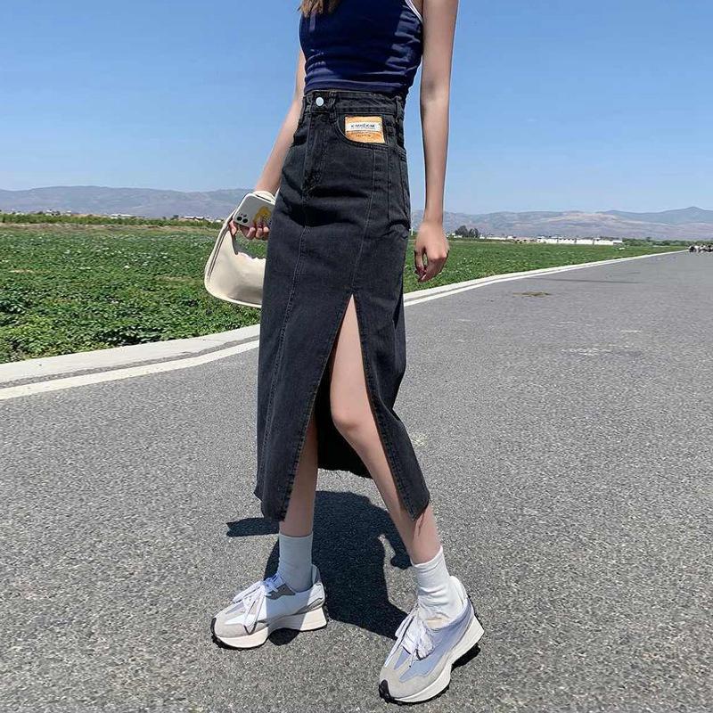 

Элегантная женская юбка с высокой талией и боковыми разрезами, женская, большого размера, тонкая, трапециевидная, средней длины, универсальная, удобная, модная, джинсовая юбка-бюстье XXL чёрный