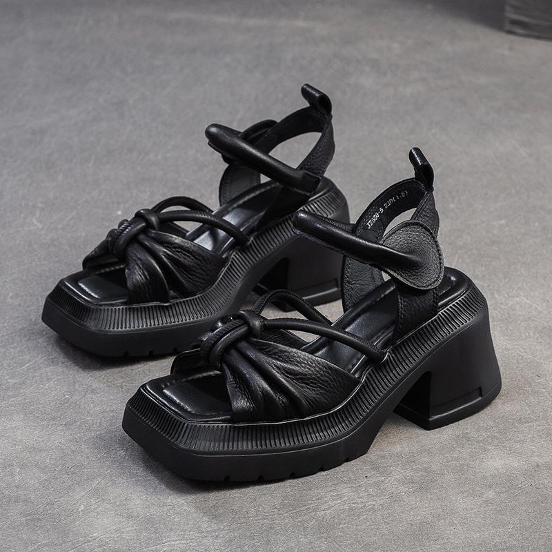 

GKTINOO Retro Handmade Sandals 2025 Summer New Genuine Leather Splicing Embroidered Thick Sole Women s Shoes 9