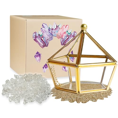 

RELIGHT Natural Quartz Stones, Power Stones, Purifying Glass Trinket Box Set, Interior Ornament, W10cm x H13cm, Gold, Pentagonal, 300g