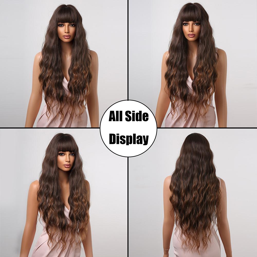 Long Curly Wigs Brown Loose Wavy Synthetic Wig With Bangs Chocolate Brown for Women Afro Wig Daily Party Use Heat Resistant Wigs