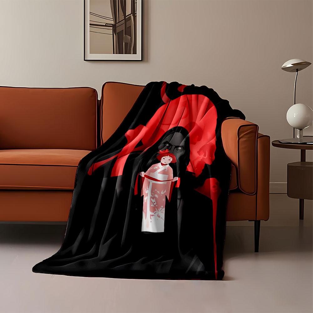 A Dark Figure Holds a Kimono Doll, with a Red Skull In the Background. for All Seasons Blanket Lunch Break Throw Gift